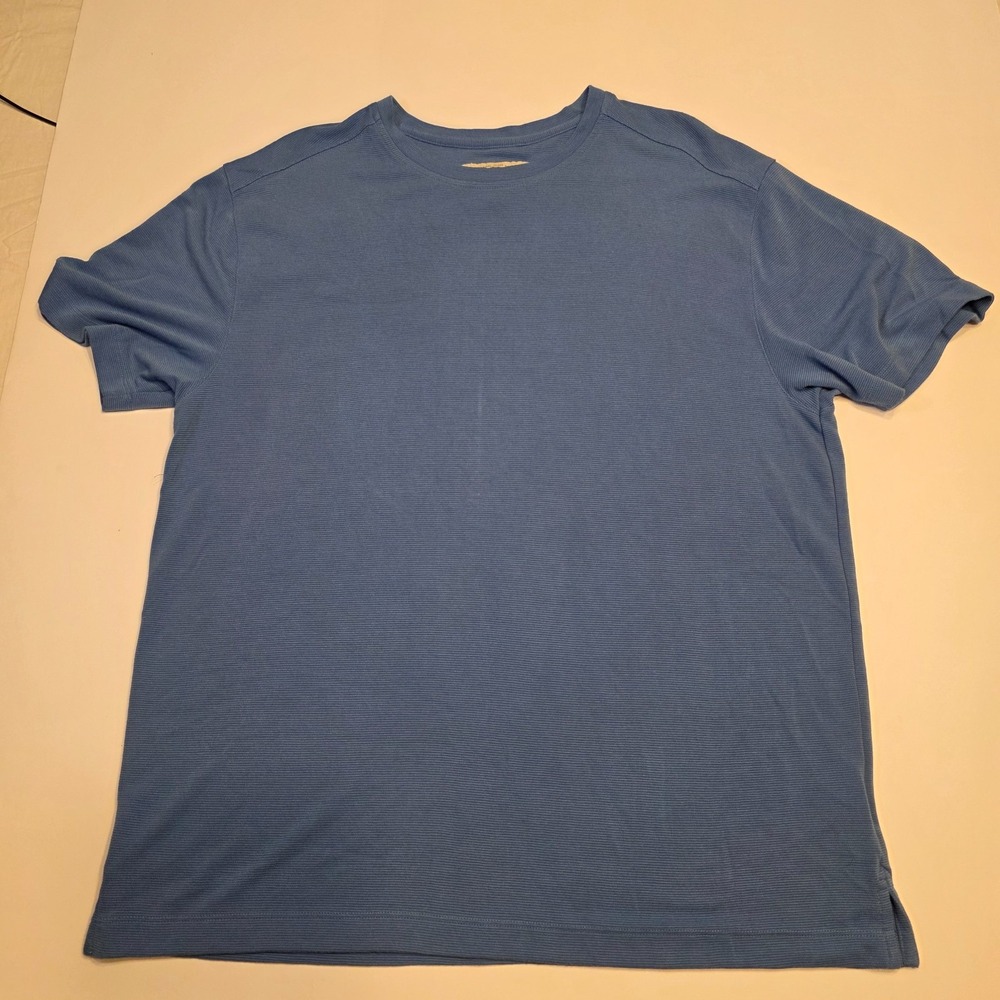 Island Shores Mens Large Blue Ribbed Short Sleeve T-Shirt Rayon Blend Casual Tee